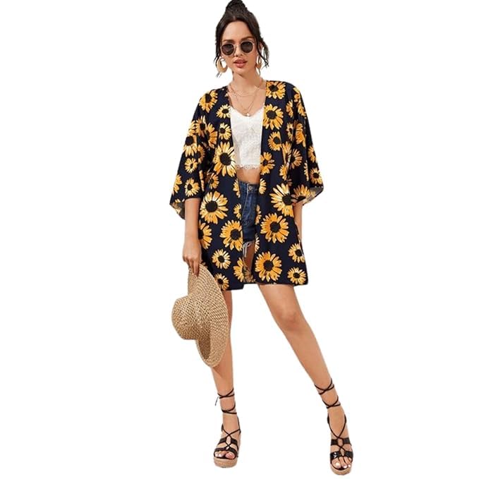 MY URBAN ATTIRE Women's Sunflower Print Kimono Cardigan, Black and Yellow Floral Pattern, 3/4 Sleeves, Lightweight Poly Crepe, Midi Length (IN, Alpha, XL, Regular)-image-5