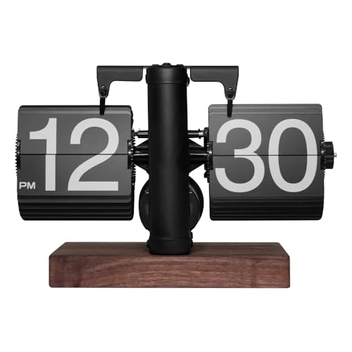 Flip Desk Clock (Wood Black), Retro Vintage Auto Flip Down Table Clock, Large Number Mechanical Battery Powered Internal Gear Operated Clocks for Home & Office Decor