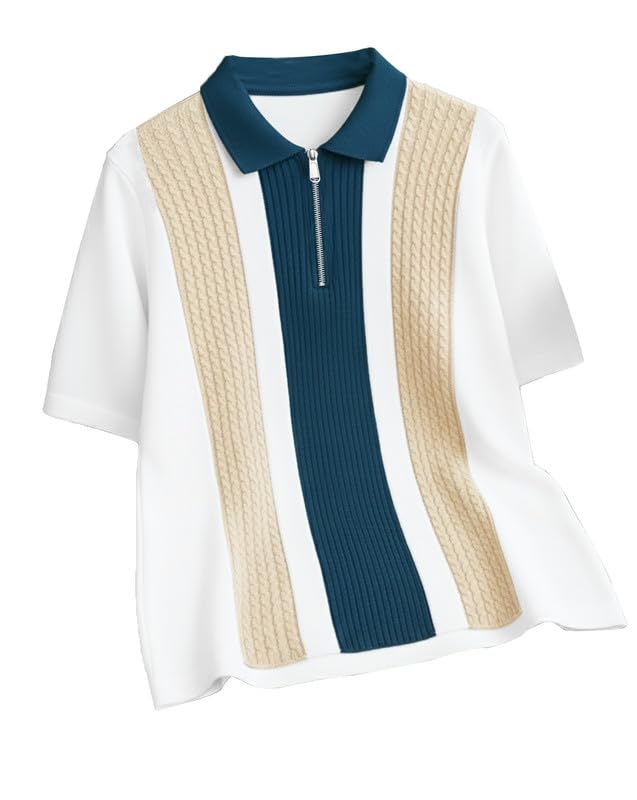 AUS K Men's Retro Cable‑Knit Quarter‑Zip Polo – Premium Textured Half‑Sleeve T-Shirt – 81% OFF