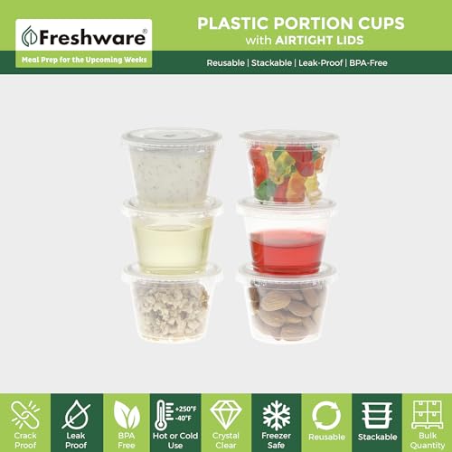 Image of Freshware Plastic Portion Cups with Lids [1 Ounce, 200 Sets] Disposable Plastic Cups for Meal Prep, Salad Dressing, Jellos Shot Cups, Souffle Cups, Condiment and Dipping Sauce Cups