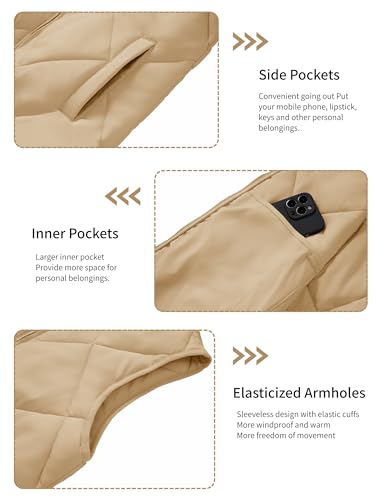 YUCOLEN Women\'s Quilted Vest Puffer Vest Stand Collar Lightweight Zip up Padded Gilet with 4 Pockets Sleeveless Winter Warm Jacket Outwear Vests Camel M