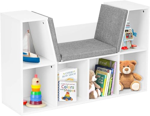 Nightcore 6-Cubby Kids Bookcase, Reading Nook Organizer with Seat Cushion, Multi-Purpose Toy Storage Organizer, Reading Corner with Bins for Bedroom, Living Room, Playroom (White)