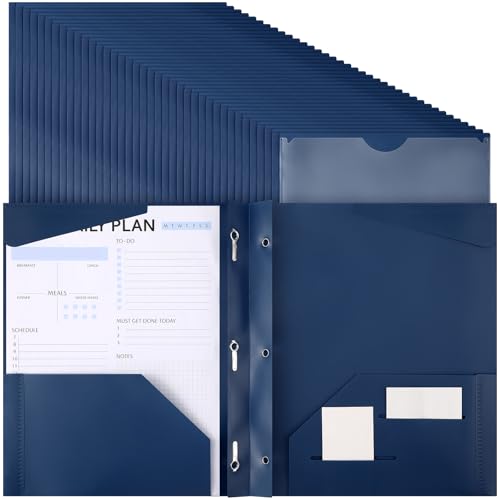 Tenceur 48 Pack Plastic Folders with 3 Prongs Bulk Heavy Duty Folders with Clear Front Pockets and Card Slots with Fasteners Fit Letter-Size Papers for Work School Office (Navy Blue)