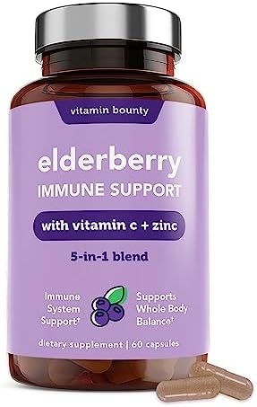 Vitamin Bounty Elderberry Immune Support - with Zinc, Vitamin C & Echinacea, Advanced 5-in-1 Blend, Powerful Antioxidant, Supports Whole Body Balance, Non-GMO - 60 Capsules