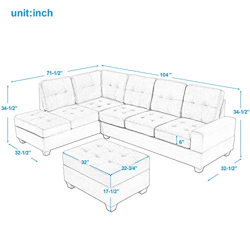 Merax Sectional Sofas 3-Seat Sofa Sectional Sofa Couches with Chaise Lounge and Ottoman for Living Room Furniture (Light Grey) - Thumbnail 2