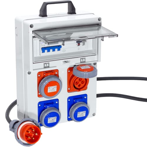 ELETTROWATT - Quadro Elettrico di Distribuzione Industriale da Cantiere ASC Portatile IP67-2 Prese 16A 220V e 2 Prese 16A 380V 4poli Magnetotermico da 16A e fungo di emergenza e Spina trifase 5 Poli