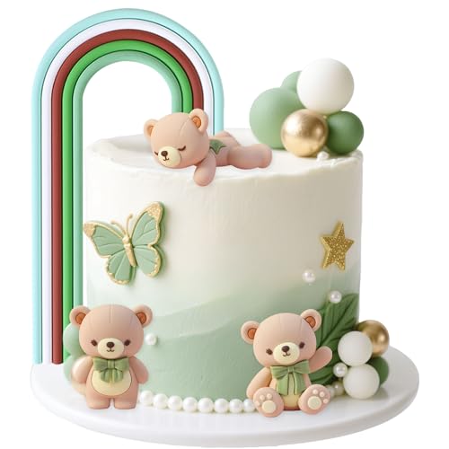 verde salvia baby shower decoración de pastel topo de osito de peluche revelación de género adornos para tarta fiesta de bebé suministros para fiesta decoración de oso