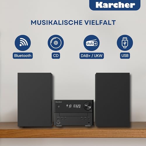 Karcher MC 6475D Stereoanlage Kompaktanlage mit CD-Player, DAB+ / UKW Radio, Bluetooth 5.4, MP3-Wiedergabe via USB/AUX, Musikcenter mit 20 Watt RMS, Wecker & Fernbedienung