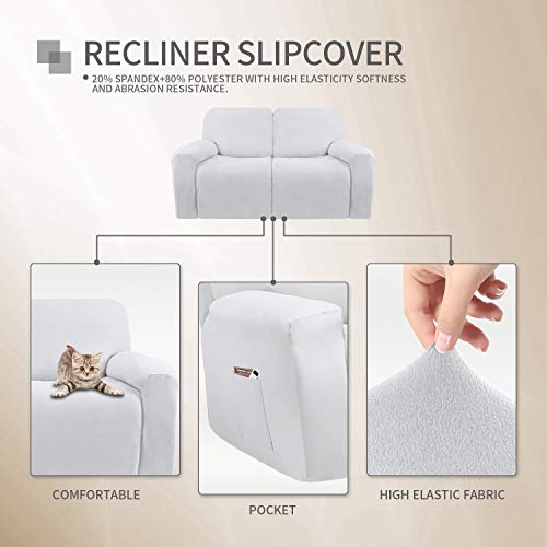 Image of Easy-Going 6 Pieces Microfiber Stretch Sectional Recliner Sofa Slipcover Soft Fitted Fleece 2 Seats Couch Cover Washable Furniture Protector with Elasticity for Kids Pet(Recliner Loveseat,Snow White)