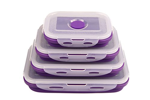Aquiv Silicone Collapsible Lunch Container Box with Lid, Food Storage, Set of 4 Pcs, Purple