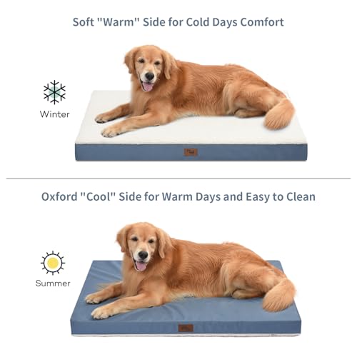 Image of Outdoor Dog Bed for Extra Large Dogs, XL Dog Bed for Large Sized Dog, Egg Crate Foam Dog Bed with Removable Washable Oxford Cooling Cover, Blue White