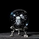 HDCRYSTALGIFTS 3D Laser Engraved Jellyfish Crystal Ball -2.3inch Glass Sea Animal Figurines Decorative Ball Glass Full Sphere with Stand Home Room Table Decor Gift for Mom Women Ocean Lovers