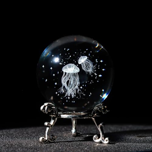 HDCRYSTALGIFTS 3D Laser Engraved Jellyfish Crystal Ball -2.3inch Glass Sea Animal Figurines Decorative Ball Glass Full Sphere with Stand Home Room Table Decor Gift for Mom Women Ocean Lovers