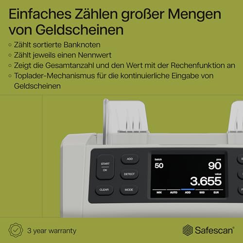 Safescan 2850 Geldzählmaschine, zählt sortierte Banknoten - Banknotenzähler mit 3-facher Echtheitsprüfung - Geldzählmaschine mit mehrsprachiger Benutzeroberfläche