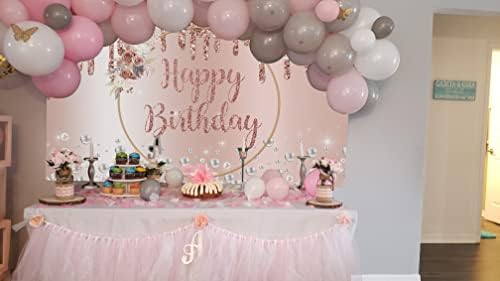 DYANG Rose Gold Happy Birthday Backdrop Pink Rose Flower Pearl Glitter Photography Background Girl Women Birthday party baby showers Photo Decoration Banner (7x5FT)