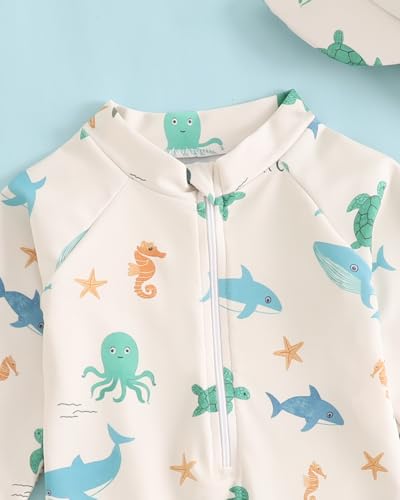 UV Kleidung Baby Badeanzug mit Hut Gr 62-98, Langarm UV Schutzkleidung Schwimmanzug Baby Mädchen Junge, Kleinkind Einteiliger UV Badebekleidung Shirt, Beiger Ozean 2-3 Jahre/92-98