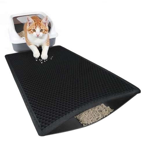 Ribnckly Small Cat Litter Mat Double Layer Waterproof Proof Litter Box mat, Non-Slip Design, Reduces Litter Scatter, Easy to Clean, Black 24''x 14.9''Inch