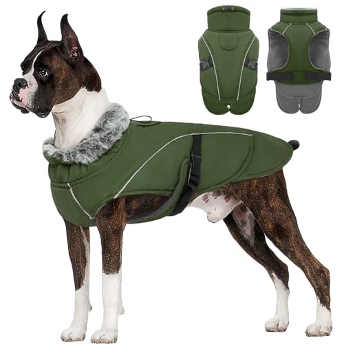 Hundemantel Winter, Wasserdicht Hundejacken Große Hunde Weste Winddicht Hundejacke Warm Fleece Hunde Bekleidung Winterjacken mit Leine Loch(Armeegrün, 3XL)