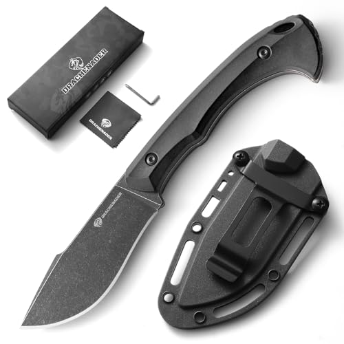 DRACHENADER Jagdmesser Feststehende Klinge, Gürtelmesser mit 8,8 cm Klingenlänge aus 5Cr13MoV-Stahl, Outdoor Messer mit ABS Scheide und Gürtelclip, Blackwash Finish Klinge - Schwarzer Griff