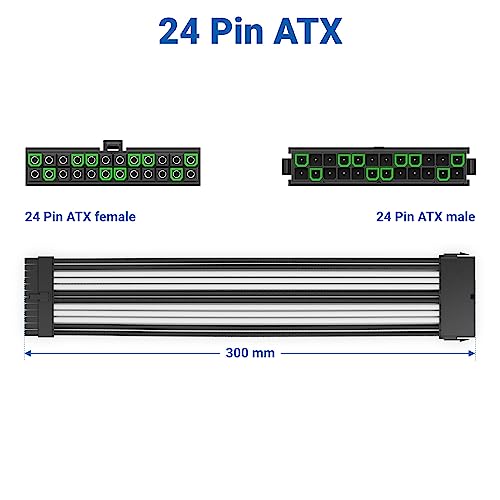 24-Pin ATX Cavo di Alimentazione Prolunga 30cm - 18 AWG Scheda Madre PSU PC Computer Nylon Cavo di Corrente Spina a Presa - Nero Bianco - Alimentatore - Immagine 6
