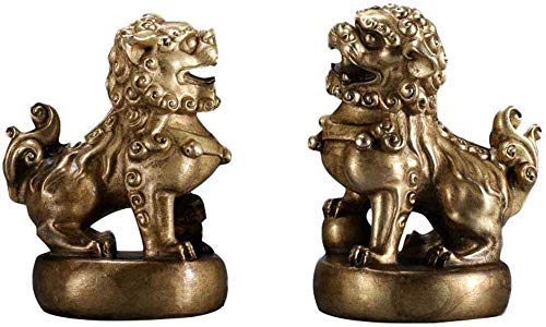 SnamicE small beijing lions pair foo dogs statues,solid pure brass chinese decor prosperity accessories,home and office sculpture,