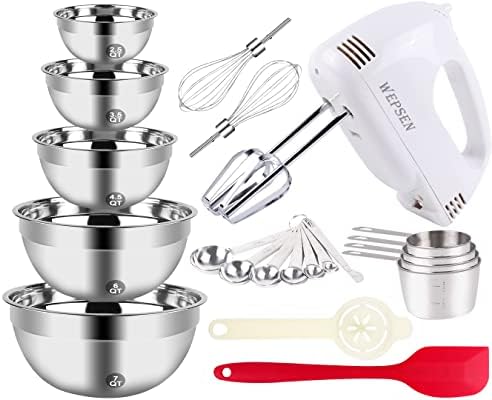 5-Speed Electric Hand Mixer, 5 Mixing Bowls Set, Handheld Mixers with Whisks Beater, Stainless Steel Metal Nesting Mixing Bowl Measuring Cups Spoons Kitchen Cake Blender for Baking Supplies Prepping