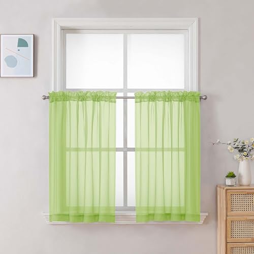 Image of Chyhomenyc Sheer Curtains 36 inch Length 2 Panels Set, Light Filtering Voile Rod Pocket Short Window Curtians for Bathroom Living Room Farmhouse Small Windows, Each 42Wx36L in, 2PCS, Lime