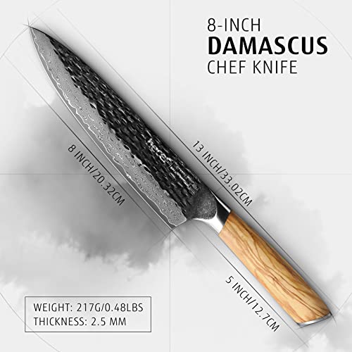 hecef Couteau de Cuisine Damas 20 cm avec Manche en Bois d'Olivier – vue 3