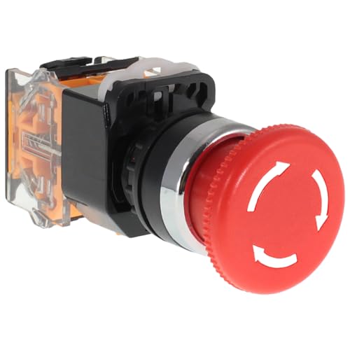 Emergency Push Button Switch, Red Mushroom Head, for Home or Industrial Equipment, Operating Rooms, Distribution Boxes, NO NC, 22mm, Stay-Put (1 Pack)