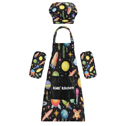 Bulletgxll Space Theme Kids Apron and Chef Hat Set Adjustable Bib Aprons with Pockets for Cooking Baking Painting
