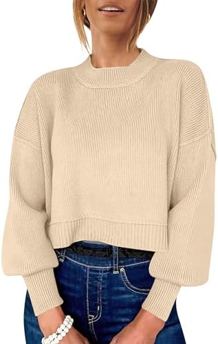 ANRABESS Womens Cropped Sweaters Oversized Crewneck Long Batwing ...