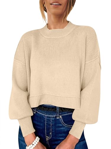ANRABESS Womens Cropped Sweaters Oversized Crewneck Long Batwing Sleeve Side Slit Ribbed Knit Pullover Tops 2025 Fall Clothes