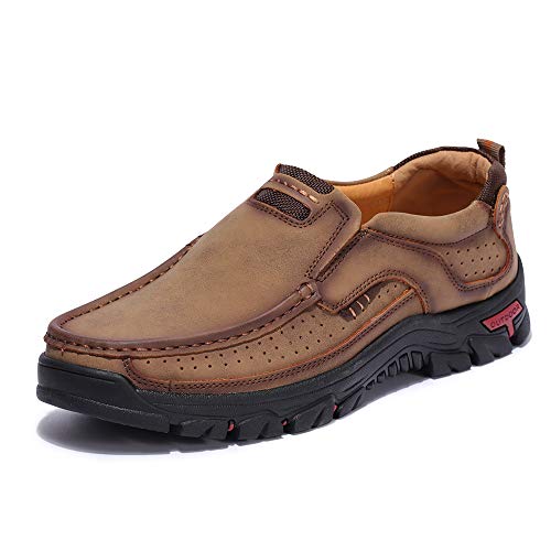 CusGifta Mocasines de cuero para hombre, zapatos casuales, sin cordones, zapatos planos, costuras a mano, zapatos de senderismo para hombres, Khaki, 42 2/3 EU Cover