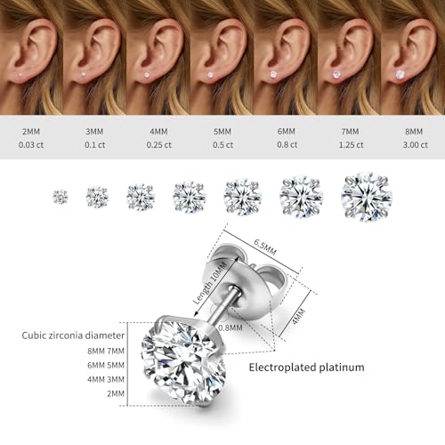 7 Pairs Stud Earrings Set, Hypoallergenic surgical steel Cubic Zirconia Earrings CZ Earrings 2-8mm3