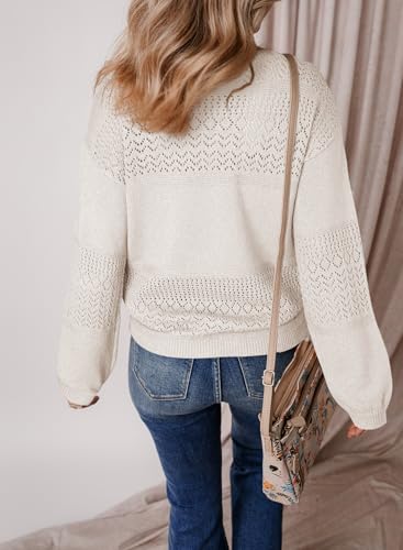 Image of SHEWIN Women's Sweaters Casual Long Sleeve V Neck Crewneck Lightweight Crochet Pullover Sweater Tops