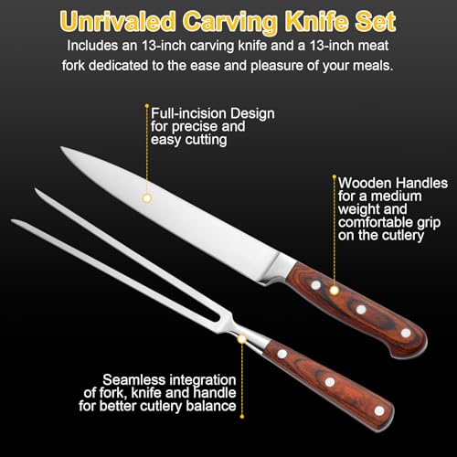 Pleafind 2-Piece Carving Knife and Fork Set, 13.19 inch Carving Knife and 13.58 Carving Fork, Stainless Steel Carving Sets with Wooden Handles, Carving Kit for Turkey, Meat and Grilling - Thumbnail 4