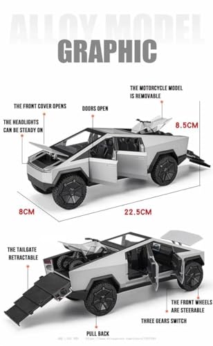 Image of 1:24 Scale Big Tesla Cybertruck Toy Car | Metal Pullback Diecast Car for Kids with Openable Doors, Sound, Light Effects Toy for Car Enthusiasts (Color As Per Available), Grey