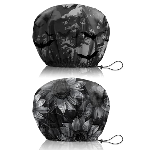 Cabreche 2 PCS Shower Cap Reusable Waterproof Double Layers Hair Caps Shower Bath Adjustable Elastic Hat for Women Girls Cute Aesthetic-Bat Sunflower