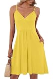 vestidos amarillos casuales Características: estilo casual, cuello en V, dos bolsillos laterales, sin mangas, longitud corta, vestido de Cami, vestido de la correa de espagueti, suelto, suave y elástico.emparejar con sus tacones altos favoritos o sandalias, dos bolsillos prácticos, le encantará disfrutar de sus días de verano fresco!