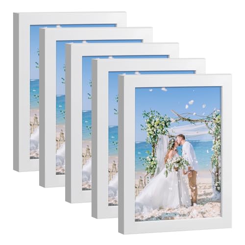 HappyHapi 4x6 Picture Frame Set of 5, Wall or Tabletop Display, White