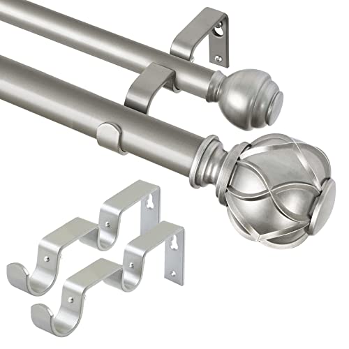 KAMANINA Bundle of 72-144 Inches (6-12 Feet) Double Curtain Rod and Matched Brackets, Netted Texture Finials, Antique Silver