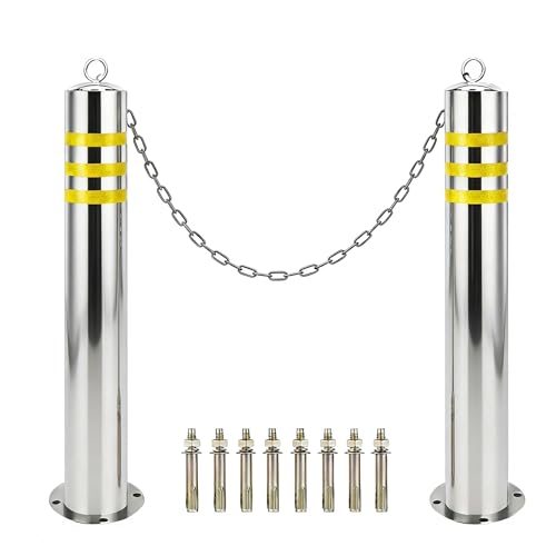 Image of Parking Barrier with Reflective Strip, 2 Pack Safety Bollard Post with 1 Meter Chain for Shopping Mall and Building Areas,