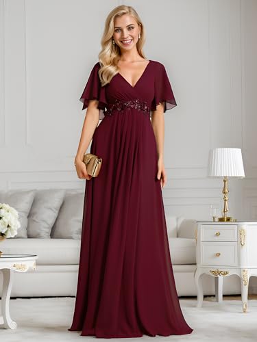 Image of Ever-Pretty Women's Spring Short Sleeve Bridesmaid Dresses V-Neck Chiffon Ruched Empire Waist Appliques Long Formal Dress