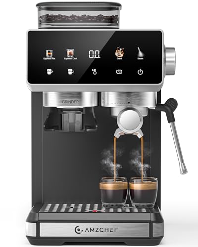 AMZCHEF Siebträgermaschine mit Mahlwerk, 20 Bar Espressomaschine für Zuhause mit Milchaufschäumer, 3 Temperaturstufen, 20 Mahlgrade, Kalt & Heißbrühung, Touchscreen Display