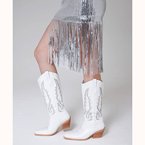 Erocalli White Cowgirl Knee High Boots Cowboy Rhinestone Boot For Women Shiny Sequins Embroidery Western Mid Calf Fashion Stacked Heel Boots #TOP5