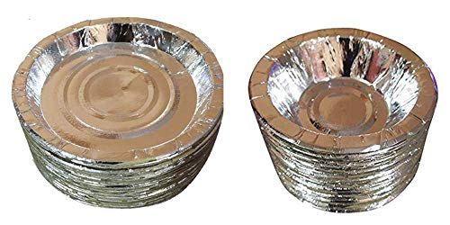Ukal Cuenco de papel desechable Dona (plateado, tamaño del plato: 17,8 cm, tamaño del cuenco: 11,4 cm, 50 platos de papel, 50 cuencos Dona) – Paquete de 100