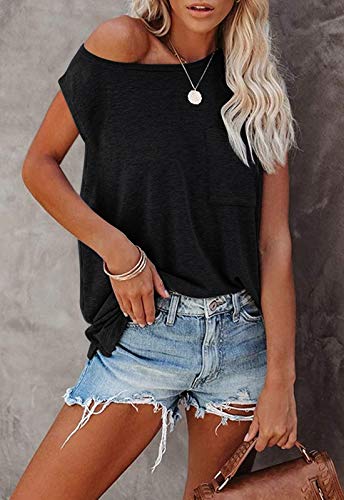Mirol Women's Sleeveless Tank Tops Basic Loose Tunic T Shirts Batwing Sleeve Solid Color Casual Tee With Pocket Black #TOP1
