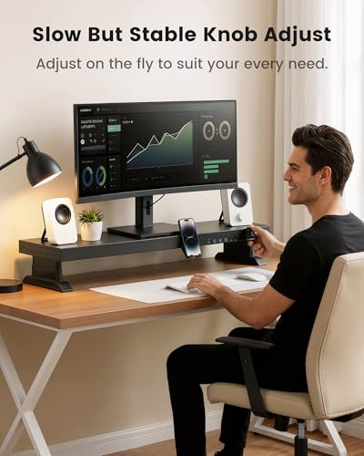 Image of Height Adjustable Dual Monitor Stand Riser with 6-Port USB Hub, Black | Fits Dual 27 inch Monitors, Charge & Sync Multiple Devices, Ergonomic Height, Solid Steel Material, Cable Management, Quick Setup