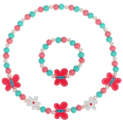 TENDYCOCO Kinder Holz Armband Und Halsketten Set Kreativer MäDchen Schmuck Mit Einhorn Design FüR Geschenke 40Cm