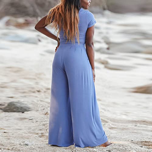 Tuianres Women's Summer 2 Piece Outfits Matching Sweatsuits Lounge Set Short Sleeve Crop Top Wide Leg Pant Set Tracksuits #TOP5